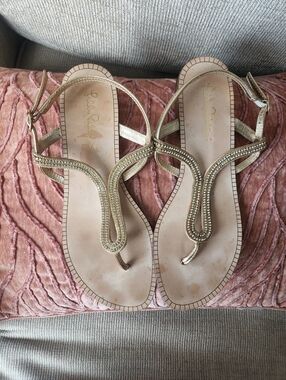 Beaded Gold Women's T-Strap Sandals